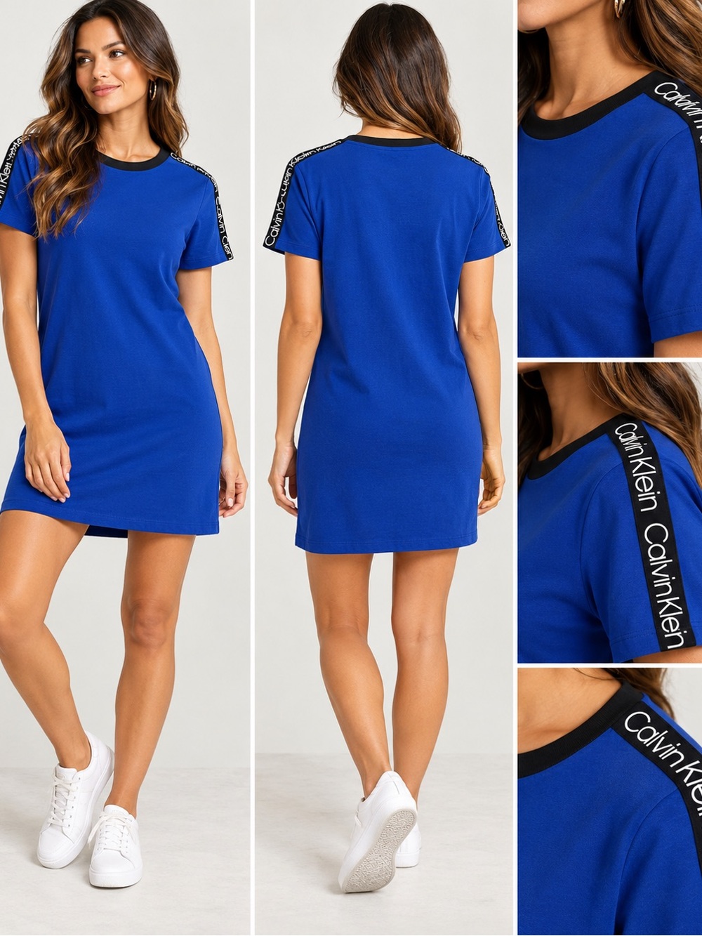 Calvin Klein Logo Tape Short-Sleeve T-Shirt Dress in Royal Blue Size Medium